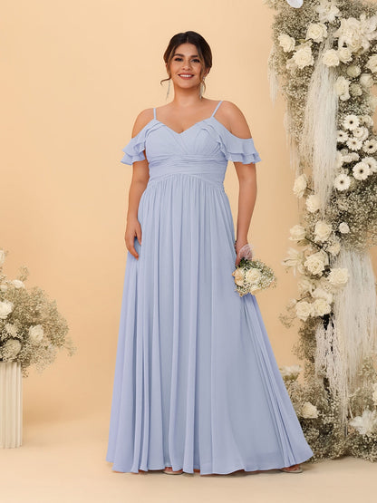 Robes de Demoiselle d'Honneur Grande Taille en Chiffon Plissé avec Bretelles Spaghetti et Col en V Style Princesse/Ligne A