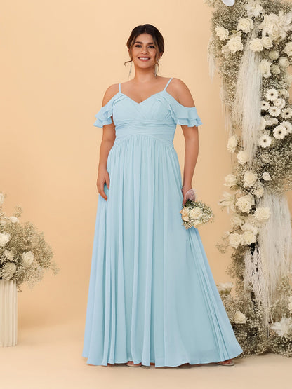 Robes de Demoiselle d'Honneur Grande Taille en Chiffon Plissé avec Bretelles Spaghetti et Col en V Style Princesse/Ligne A