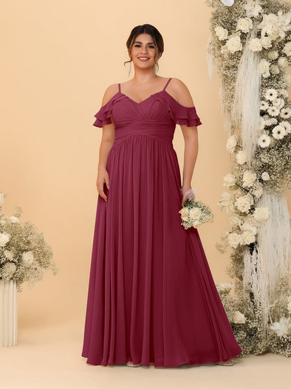 Robes de Demoiselle d'Honneur Grande Taille en Chiffon Plissé avec Bretelles Spaghetti et Col en V Style Princesse/Ligne A