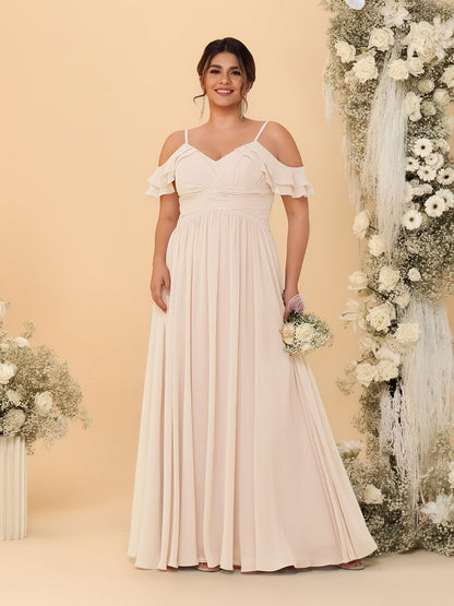 Robes de Demoiselle d'Honneur Grande Taille en Chiffon Plissé avec Bretelles Spaghetti et Col en V Style Princesse/Ligne A
