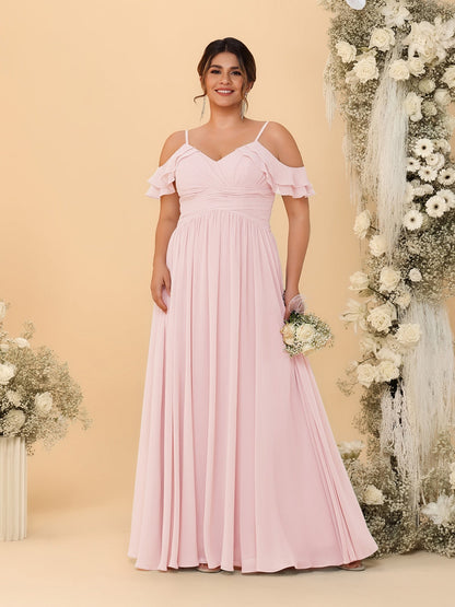 Robes de Demoiselle d'Honneur Grande Taille en Chiffon Plissé avec Bretelles Spaghetti et Col en V Style Princesse/Ligne A