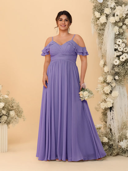 Robes de Demoiselle d'Honneur Grande Taille en Chiffon Plissé avec Bretelles Spaghetti et Col en V Style Princesse/Ligne A