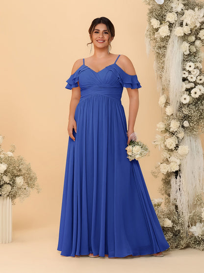 Robes de Demoiselle d'Honneur Grande Taille en Chiffon Plissé avec Bretelles Spaghetti et Col en V Style Princesse/Ligne A