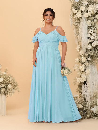 Robes de Demoiselle d'Honneur Grande Taille en Chiffon Plissé avec Bretelles Spaghetti et Col en V Style Princesse/Ligne A