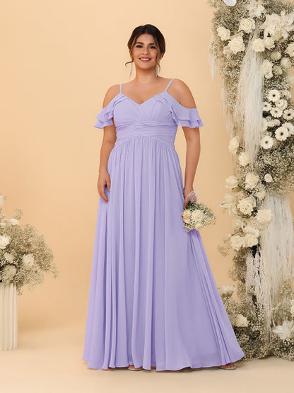 Robes de Demoiselle d'Honneur Grande Taille en Chiffon Plissé avec Bretelles Spaghetti et Col en V Style Princesse/Ligne A