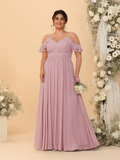 Robes de Demoiselle d'Honneur Grande Taille en Chiffon Plissé avec Bretelles Spaghetti et Col en V Style Princesse/Ligne A