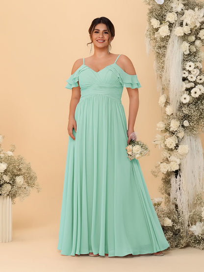 Robes de Demoiselle d'Honneur Grande Taille en Chiffon Plissé avec Bretelles Spaghetti et Col en V Style Princesse/Ligne A