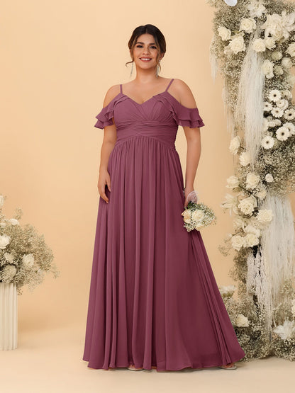 Robes de Demoiselle d'Honneur Grande Taille en Chiffon Plissé avec Bretelles Spaghetti et Col en V Style Princesse/Ligne A