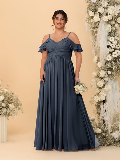 Robes de Demoiselle d'Honneur Grande Taille en Chiffon Plissé avec Bretelles Spaghetti et Col en V Style Princesse/Ligne A
