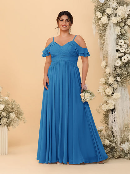Robes de Demoiselle d'Honneur Grande Taille en Chiffon Plissé avec Bretelles Spaghetti et Col en V Style Princesse/Ligne A