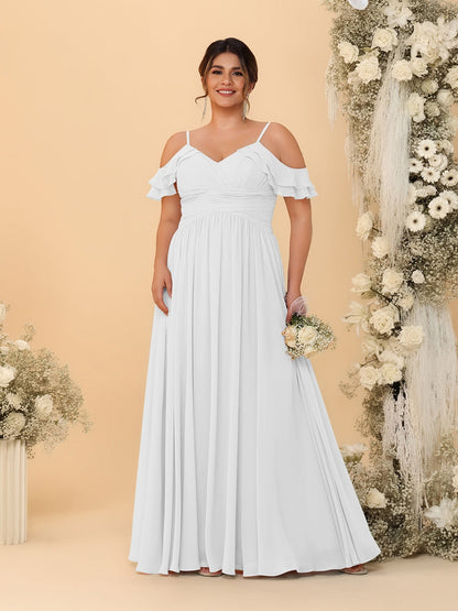 Robes de Demoiselle d'Honneur Grande Taille en Chiffon Plissé avec Bretelles Spaghetti et Col en V Style Princesse/Ligne A