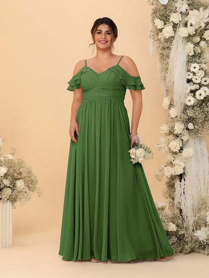 Robes de Demoiselle d'Honneur Grande Taille en Chiffon Plissé avec Bretelles Spaghetti et Col en V Style Princesse/Ligne A