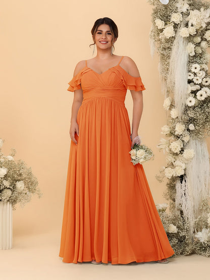 Robes de Demoiselle d'Honneur Grande Taille en Chiffon Plissé avec Bretelles Spaghetti et Col en V Style Princesse/Ligne A