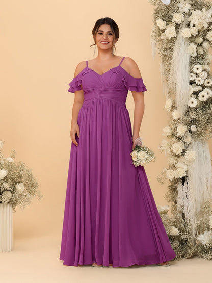 Robes de Demoiselle d'Honneur Grande Taille en Chiffon Plissé avec Bretelles Spaghetti et Col en V Style Princesse/Ligne A