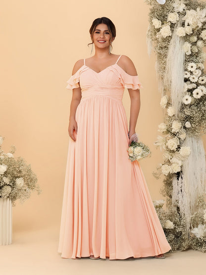 Robes de Demoiselle d'Honneur Grande Taille en Chiffon Plissé avec Bretelles Spaghetti et Col en V Style Princesse/Ligne A