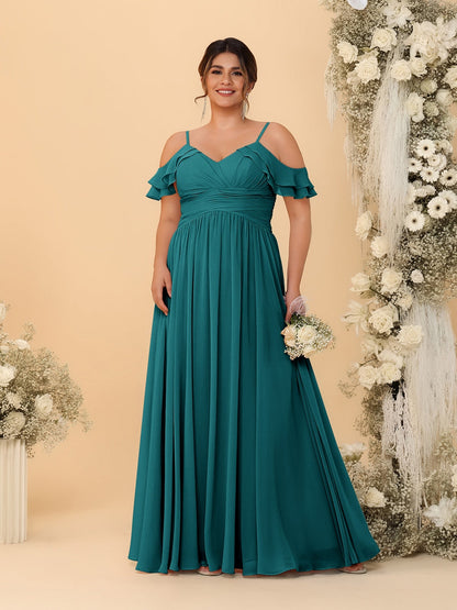 Robes de Demoiselle d'Honneur Grande Taille en Chiffon Plissé avec Bretelles Spaghetti et Col en V Style Princesse/Ligne A