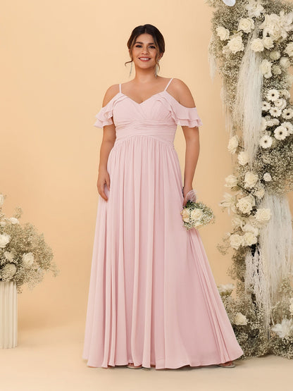 Robes de Demoiselle d'Honneur Grande Taille en Chiffon Plissé avec Bretelles Spaghetti et Col en V Style Princesse/Ligne A