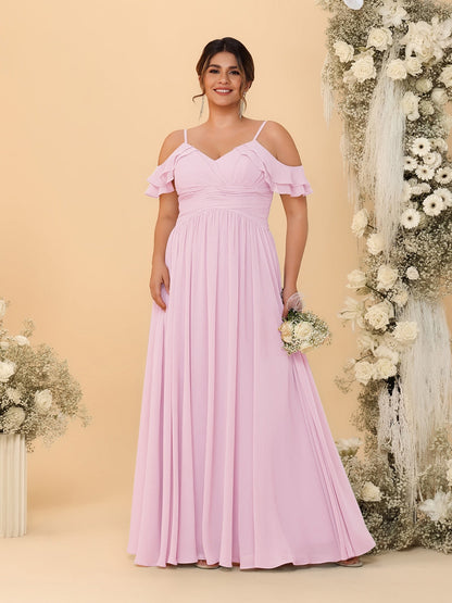 Robes de Demoiselle d'Honneur Grande Taille en Chiffon Plissé avec Bretelles Spaghetti et Col en V Style Princesse/Ligne A