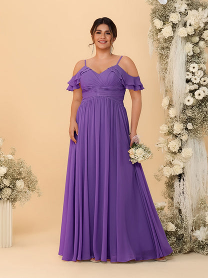 Robes de Demoiselle d'Honneur Grande Taille en Chiffon Plissé avec Bretelles Spaghetti et Col en V Style Princesse/Ligne A