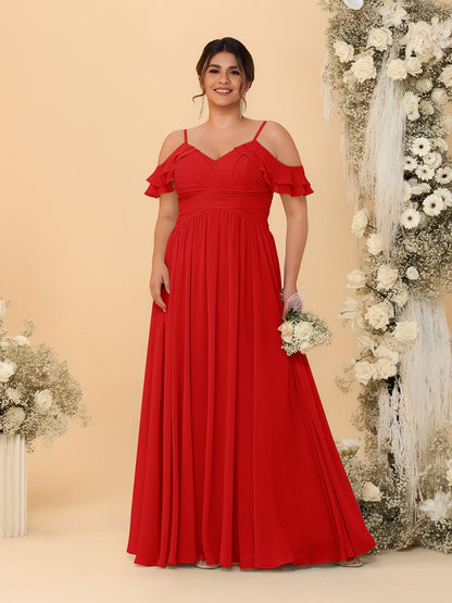 Robes de Demoiselle d'Honneur Grande Taille en Chiffon Plissé avec Bretelles Spaghetti et Col en V Style Princesse/Ligne A