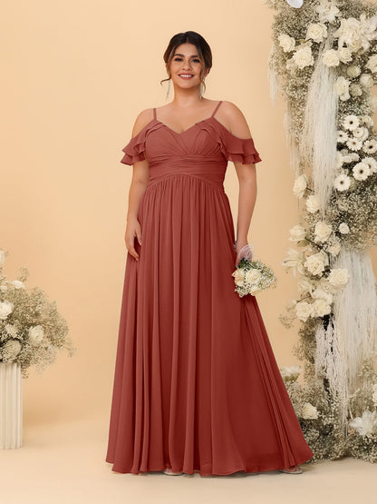 Robes de Demoiselle d'Honneur Grande Taille en Chiffon Plissé avec Bretelles Spaghetti et Col en V Style Princesse/Ligne A