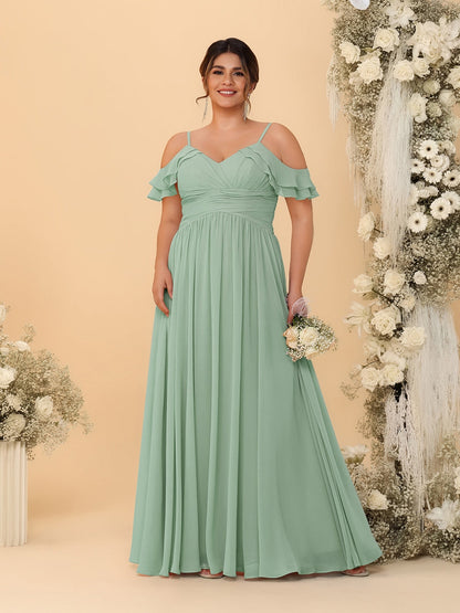 Robes de Demoiselle d'Honneur Grande Taille en Chiffon Plissé avec Bretelles Spaghetti et Col en V Style Princesse/Ligne A