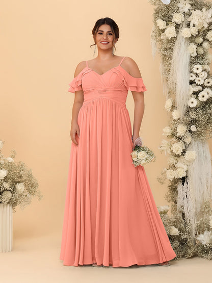 Robes de Demoiselle d'Honneur Grande Taille en Chiffon Plissé avec Bretelles Spaghetti et Col en V Style Princesse/Ligne A