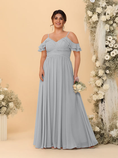 Robes de Demoiselle d'Honneur Grande Taille en Chiffon Plissé avec Bretelles Spaghetti et Col en V Style Princesse/Ligne A