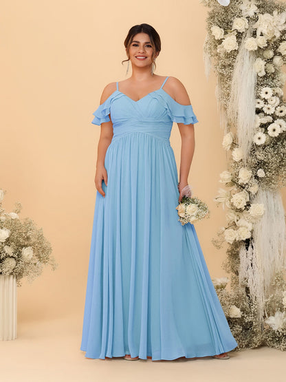 Robes de Demoiselle d'Honneur Grande Taille en Chiffon Plissé avec Bretelles Spaghetti et Col en V Style Princesse/Ligne A
