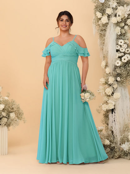 Robes de Demoiselle d'Honneur Grande Taille en Chiffon Plissé avec Bretelles Spaghetti et Col en V Style Princesse/Ligne A