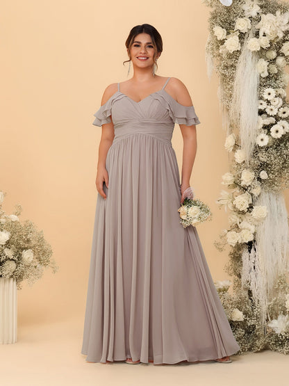 Robes de Demoiselle d'Honneur Grande Taille en Chiffon Plissé avec Bretelles Spaghetti et Col en V Style Princesse/Ligne A