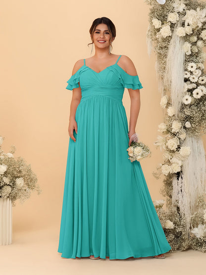 Robes de Demoiselle d'Honneur Grande Taille en Chiffon Plissé avec Bretelles Spaghetti et Col en V Style Princesse/Ligne A