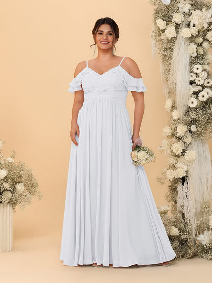 Robes de Demoiselle d'Honneur Grande Taille en Chiffon Plissé avec Bretelles Spaghetti et Col en V Style Princesse/Ligne A