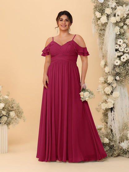 Robes de Demoiselle d'Honneur Grande Taille en Chiffon Plissé avec Bretelles Spaghetti et Col en V Style Princesse/Ligne A