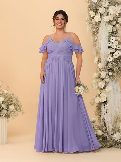 Robes de Demoiselle d'Honneur Grande Taille en Chiffon Plissé avec Bretelles Spaghetti et Col en V Style Princesse/Ligne A