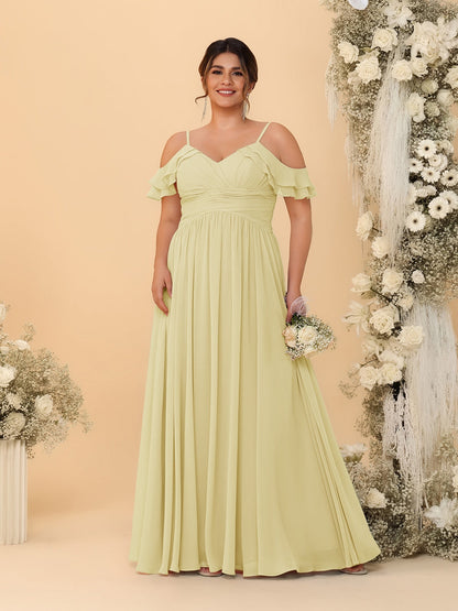 Robes de Demoiselle d'Honneur Grande Taille en Chiffon Plissé avec Bretelles Spaghetti et Col en V Style Princesse/Ligne A