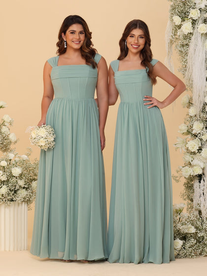 Robes de Demoiselle d'Honneur en Chiffon, Ligne A/Princesse, Col Carré, sans Manches, avec Plis