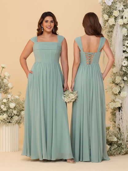 Robes de Demoiselle d'Honneur en Chiffon, Ligne A/Princesse, Col Carré, sans Manches, avec Plis
