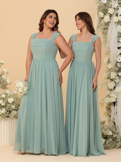 Robes de Demoiselle d'Honneur en Chiffon, Ligne A/Princesse, Col Carré, sans Manches, avec Plis