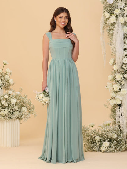 Robes de Demoiselle d'Honneur en Chiffon, Ligne A/Princesse, Col Carré, sans Manches, avec Plis