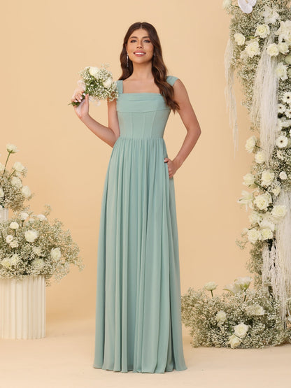 Robes de Demoiselle d'Honneur en Chiffon, Ligne A/Princesse, Col Carré, sans Manches, avec Plis