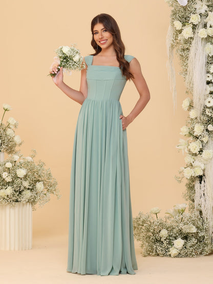 Robes de Demoiselle d'Honneur en Chiffon, Ligne A/Princesse, Col Carré, sans Manches, avec Plis