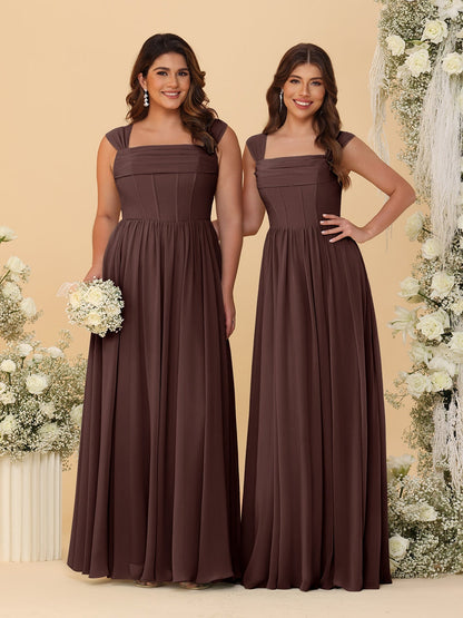 Robes de Demoiselle d'Honneur en Chiffon, Ligne A/Princesse, Col Carré, sans Manches, avec Plis