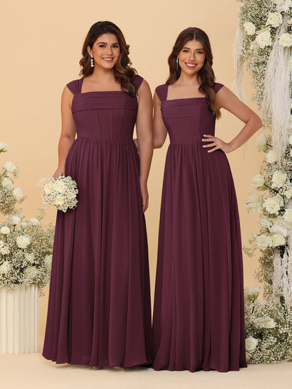 Robes de Demoiselle d'Honneur en Chiffon, Ligne A/Princesse, Col Carré, sans Manches, avec Plis
