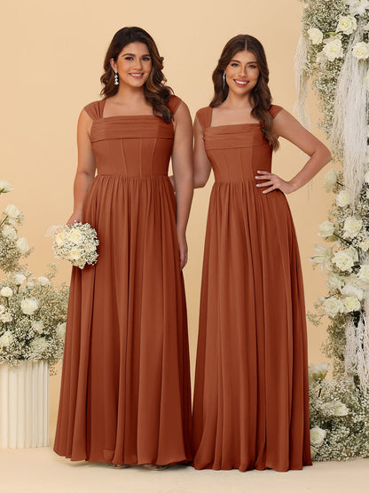 Robes de Demoiselle d'Honneur en Chiffon, Ligne A/Princesse, Col Carré, sans Manches, avec Plis