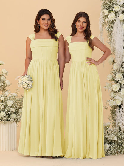 Robes de Demoiselle d'Honneur en Chiffon, Ligne A/Princesse, Col Carré, sans Manches, avec Plis
