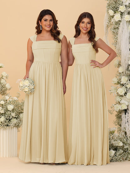 Robes de Demoiselle d'Honneur en Chiffon, Ligne A/Princesse, Col Carré, sans Manches, avec Plis