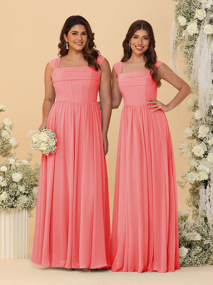 Robes de Demoiselle d'Honneur en Chiffon, Ligne A/Princesse, Col Carré, sans Manches, avec Plis