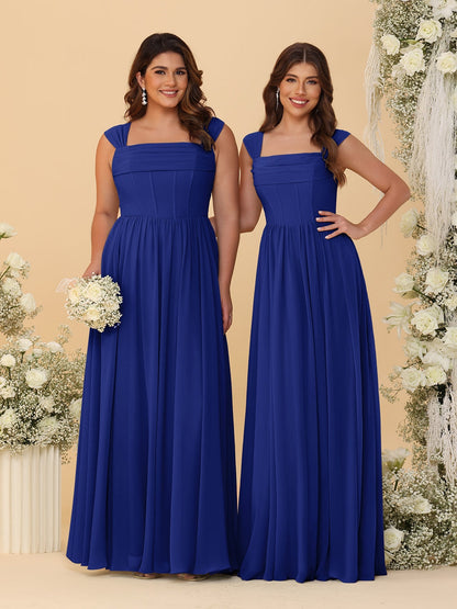 Robes de Demoiselle d'Honneur en Chiffon, Ligne A/Princesse, Col Carré, sans Manches, avec Plis