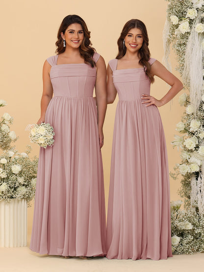 Robes de Demoiselle d'Honneur en Chiffon, Ligne A/Princesse, Col Carré, sans Manches, avec Plis